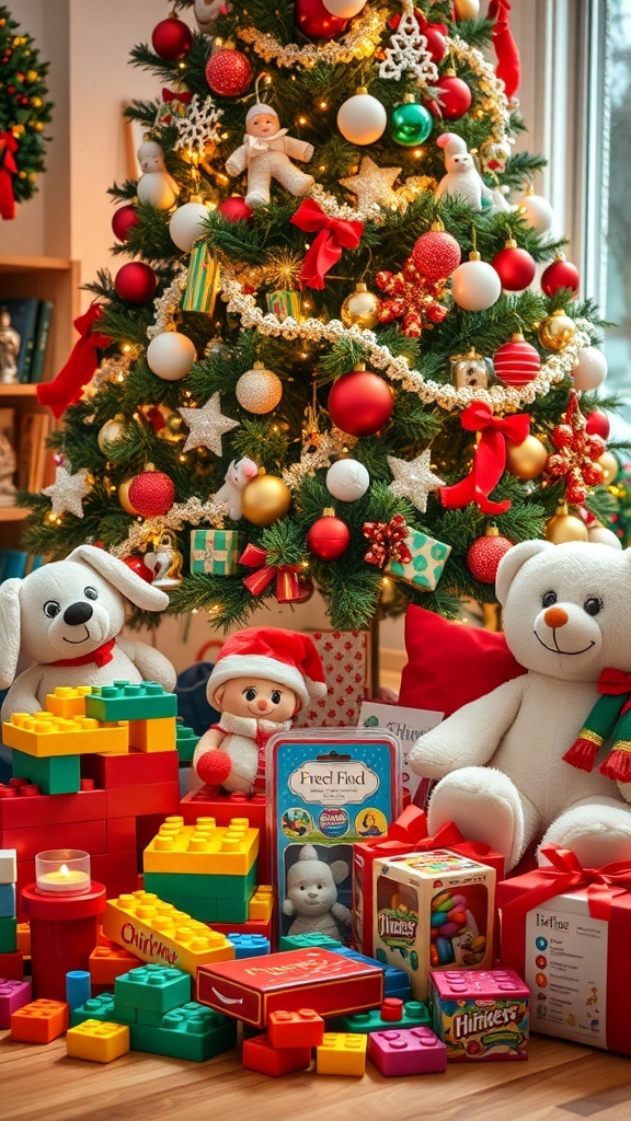 A variety of Christmas gifts for children under a decorated tree, showcasing toys and art supplies.